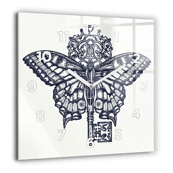Szögletes üvegóra 60x60 Pillangó és kulcs - boho stílus