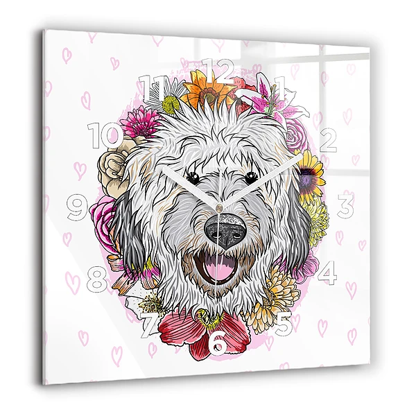 Szögletes üvegóra 60x60 Boldog kutya virágokban
