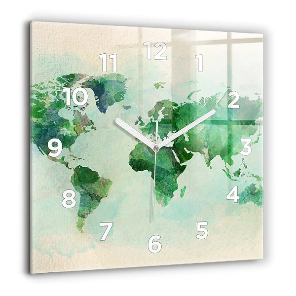 Szögletes üvegóra 60x60 Akvarell világtérkép
