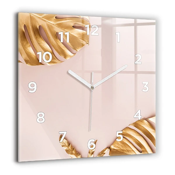 Szögletes üvegóra 60x60 Arany trópusi levelek