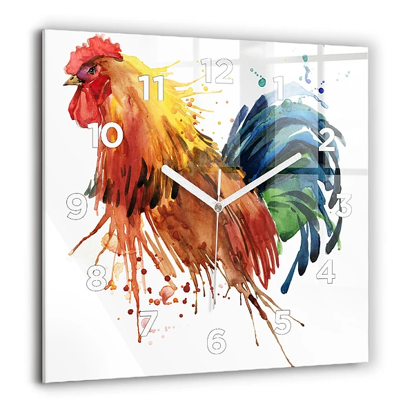 Szögletes üvegóra 60x60 Színes kakas