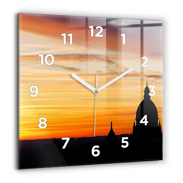 Négyzet alakú üvegóra 60x60 Épület és naplemente