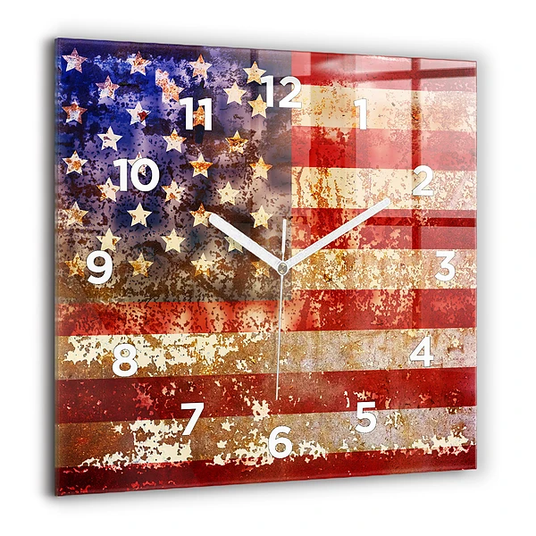 Négyzet alakú üvegóra 60x60 Amerikai zászló vintage stílusban