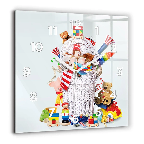 Négyzetes üvegóra 60x60 Fonott kosár játékokkal