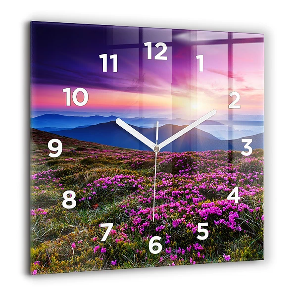 Négyzetes üvegóra 60x60 Napfelkelte és virágok