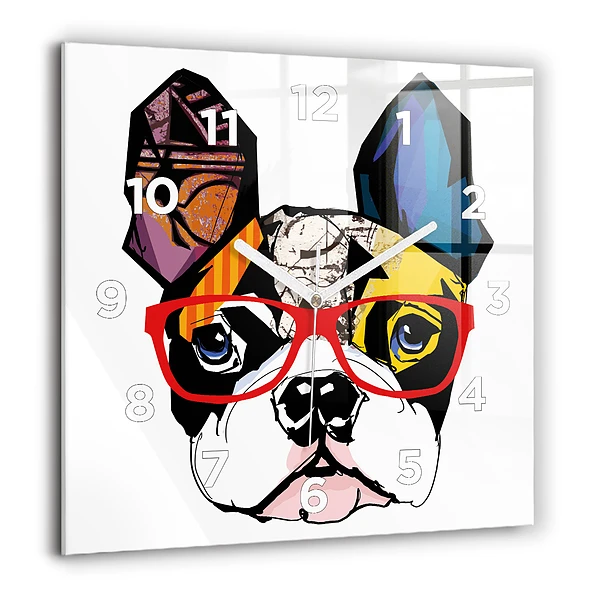 Szögletes üvegóra 60x60 Francia bulldog szemüveggel