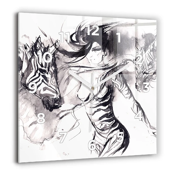 Szögletes üvegóra 60x60 Nő és zebrák