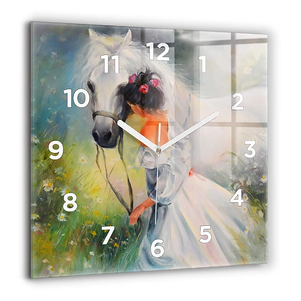 Szögletes fali üvegóra 60x60 Gyönyörű nő lóval