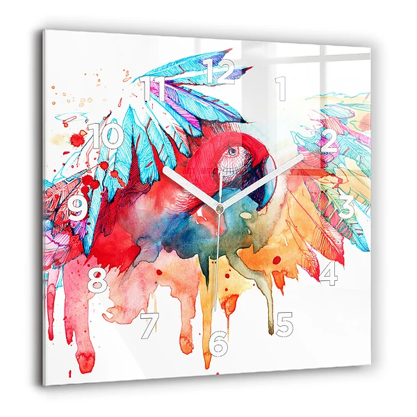 Szögletes üvegóra 60x60 Színes piros papagáj