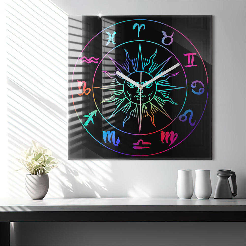 Szögletes üvegóra 60x60 Színes állatöv jelek