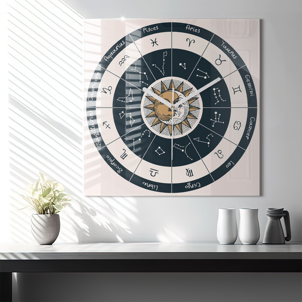 Szögletes fali üvegóra 60x60 Zodiákus csillagképek
