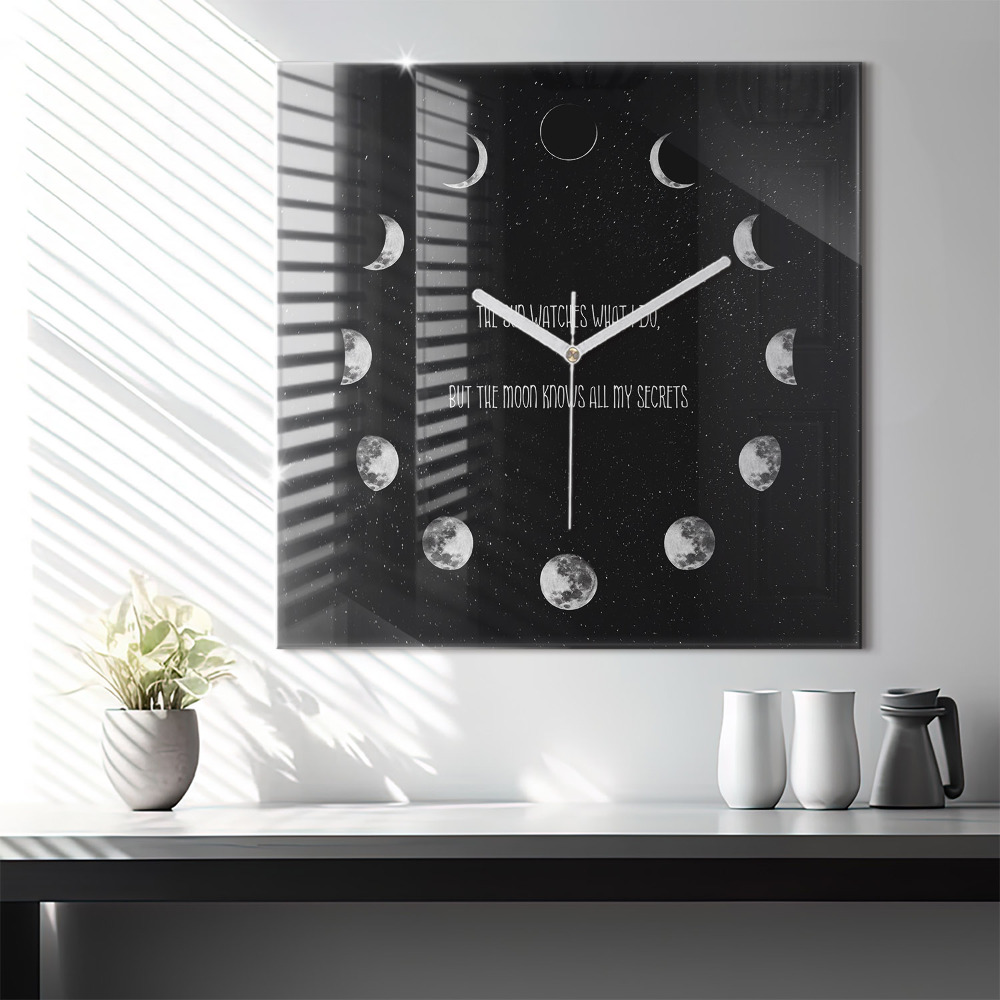 Szögletes üvegóra 60x60 Holdfázisok és felirat