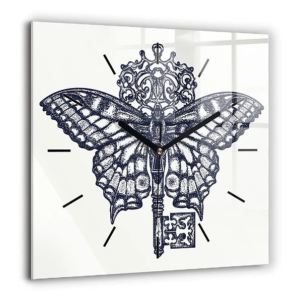 Szögletes üvegóra 60x60 Pillangó és kulcs - boho stílus