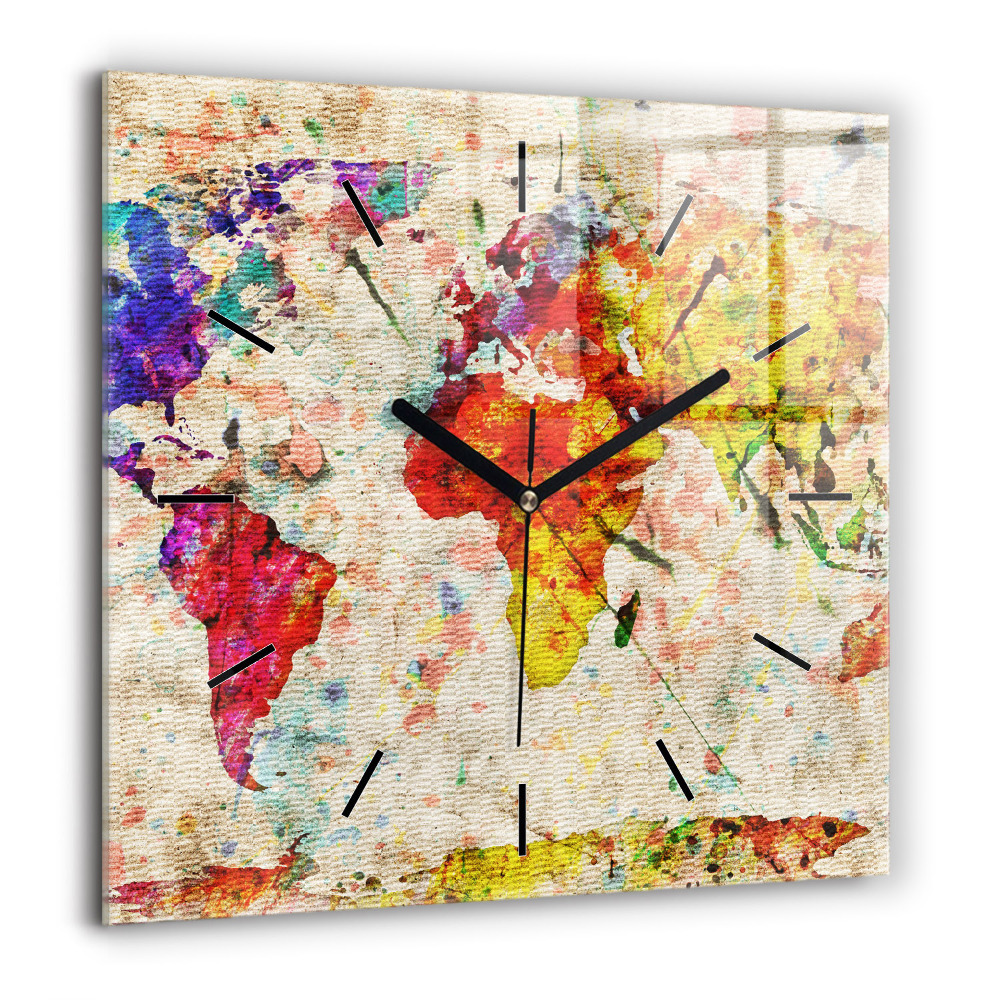 Négyzet alakú üvegóra 60x60 Színes világtérkép