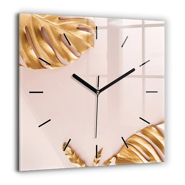 Szögletes üvegóra 60x60 Arany trópusi levelek