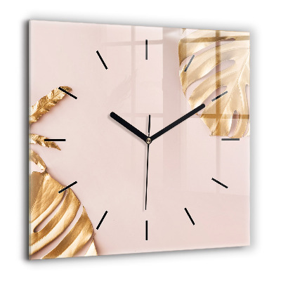 Négyzetes üvegóra 60x60 Arany trópusi levelek