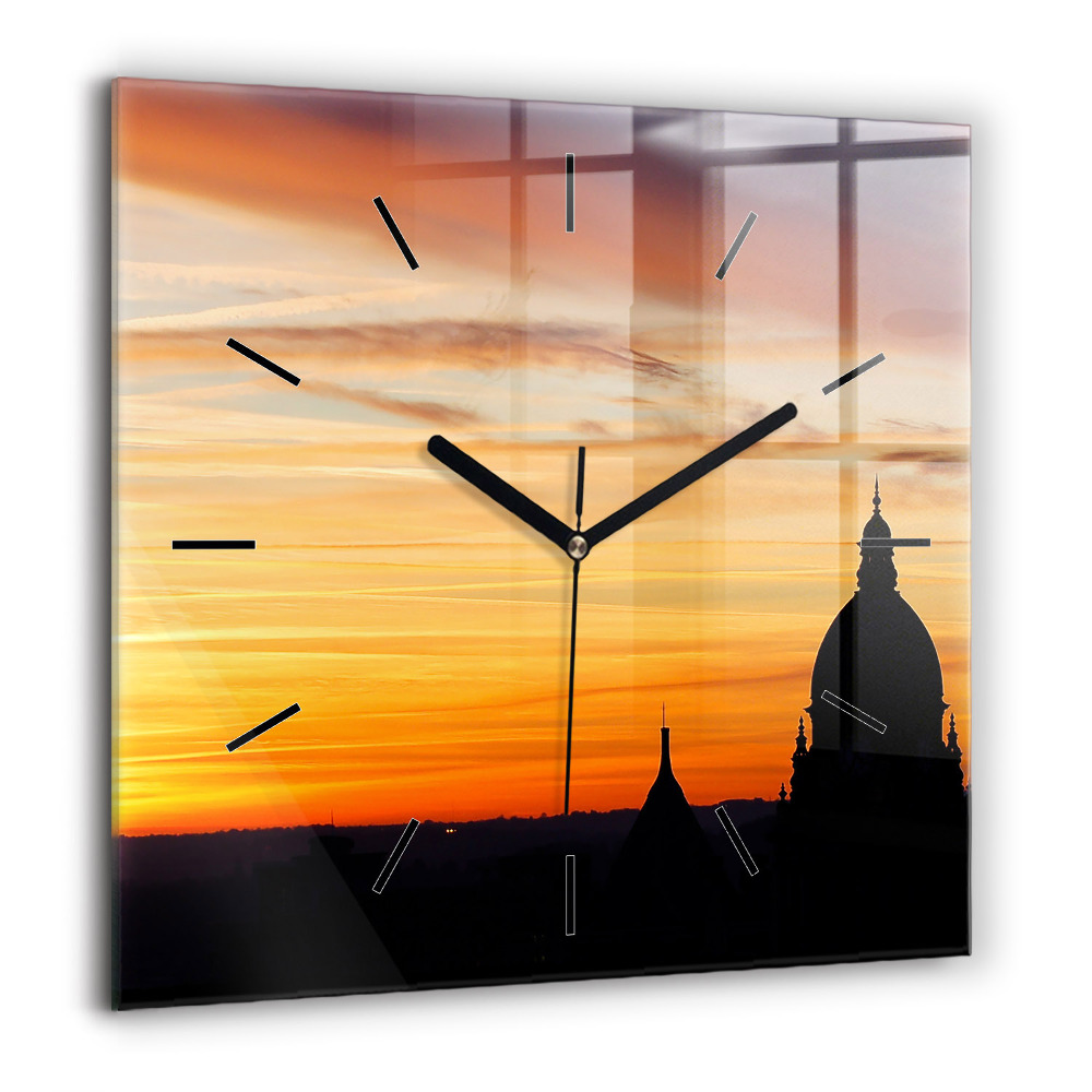 Négyzet alakú üvegóra 60x60 Épület és naplemente
