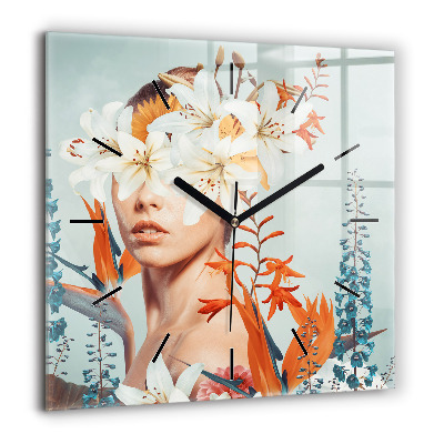 Négyzetes üvegóra 60x60 Nő virágokkal