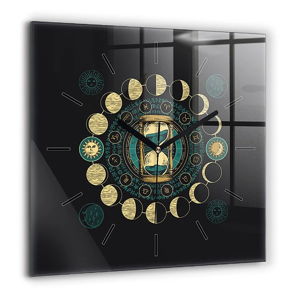 Négyzet alakú üvegóra 60x60 Holdfázisok és homokóra
