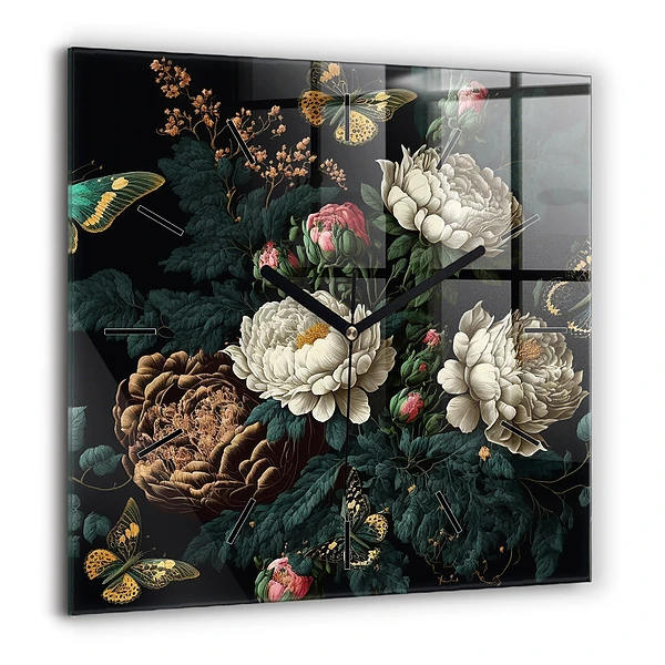 Szögletes fali üvegóra 60x60 Virág és arany pillangók