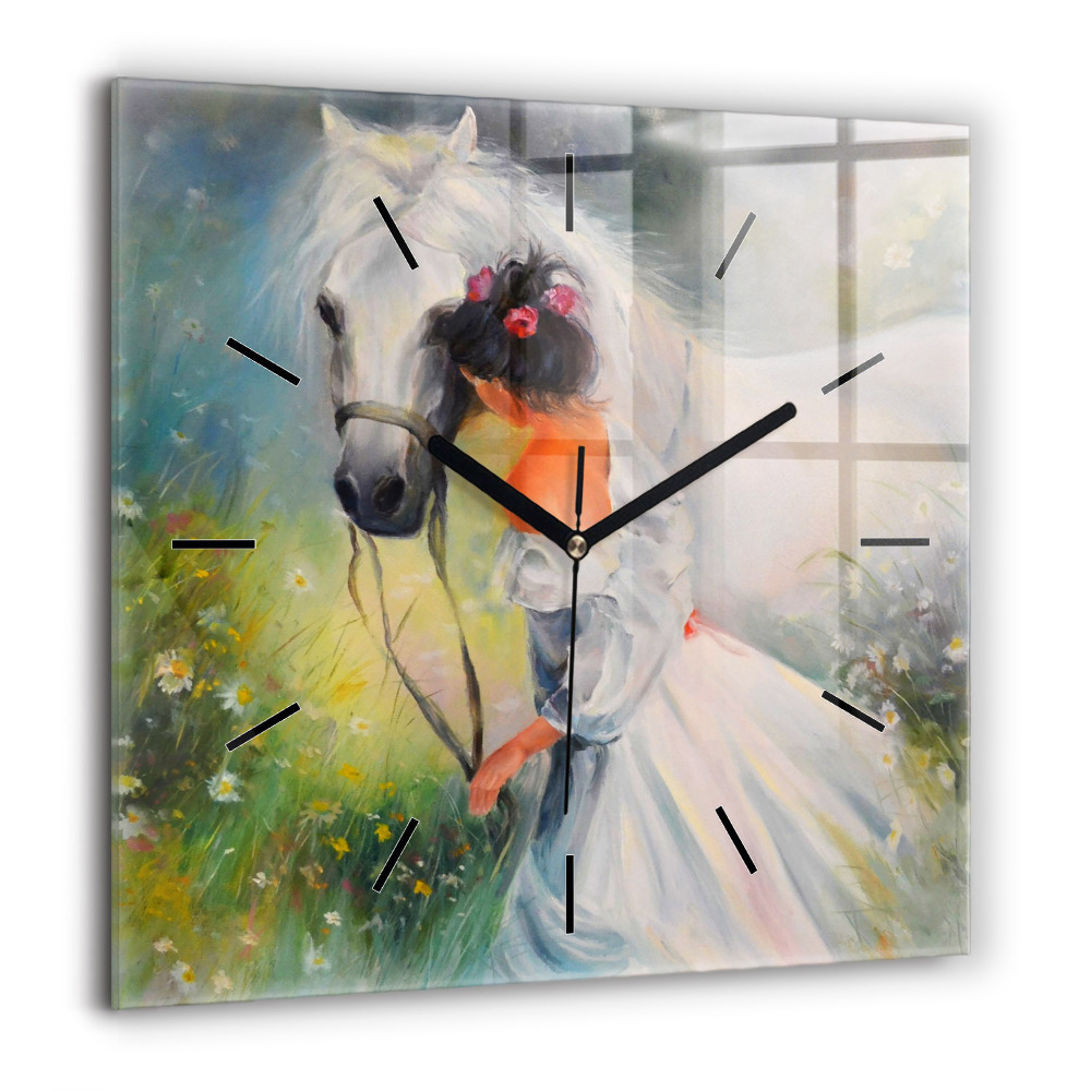 Szögletes fali üvegóra 60x60 Gyönyörű nő lóval