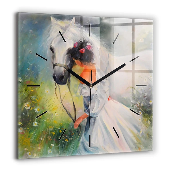 Szögletes fali üvegóra 60x60 Gyönyörű nő lóval