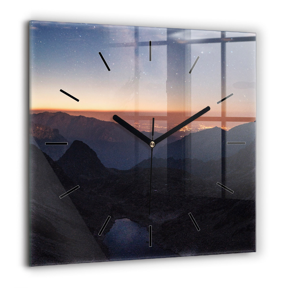 Négyzet alakú üvegóra 60x60 Hegyek naplementében