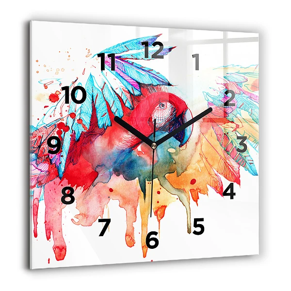 Szögletes üvegóra 60x60 Színes piros papagáj