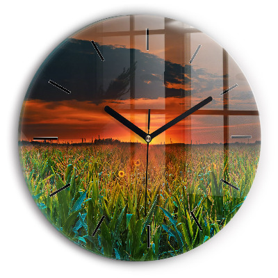 Kerek üvegóra 30 cm Napraforgók a réten